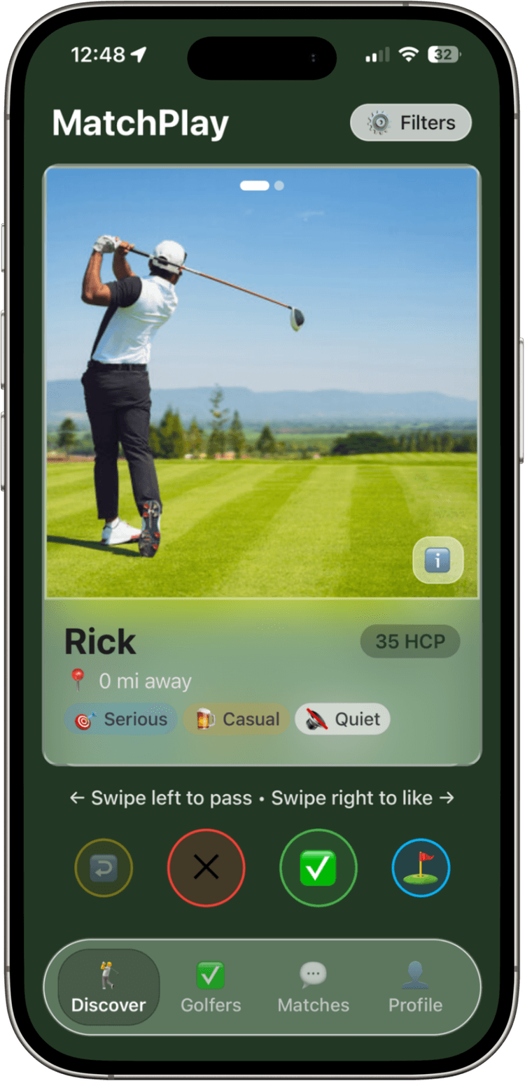 MatchPlay app swipe screen showing golfer profiles